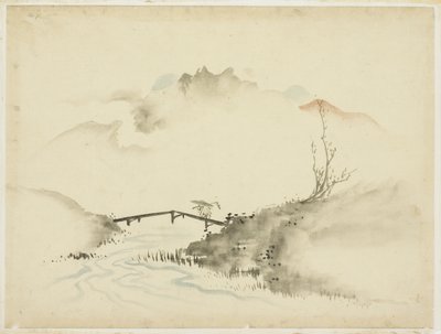 Çiftçi Geçiş Köprüsü ile Manzara, 1615-1868 (kağıt üzerinde mürekkep ve renk) by Katsushika (school of) Hokusai