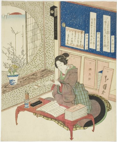 Çalışma odasında şiir okuyan kadın by Katsushika Hokuga