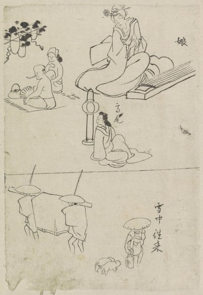 Kotolu bir bayan, oturan bir bayan ve iki erkek dahil olmak üzere çeşitli performanslar by After Katsushika Hokusai