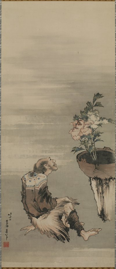 Saksıda Şakayıklara Bakan Oturan Bir Adam, Edo dönemi (kağıt üzerine mürekkep ve renk) by Katsushika Hokusai