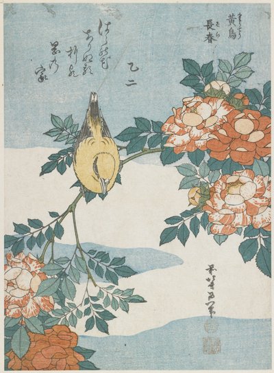 Siyah Naped Oriole ve China Rose, c. 1833 by Katsushika Hokusai