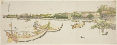 Sumida Nehri üzerinde pirinç taşıyan tekneler by Katsushika Hokusai