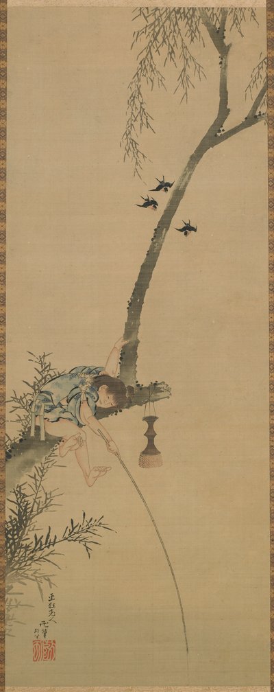 Bir ağacın dalından balık tutan çocuk, Edo dönemi, 1839. by Katsushika Hokusai
