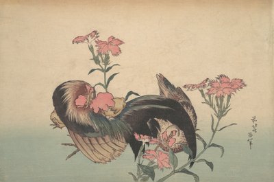 Horoz, Tavuk ve Nadeshiko Dianthus Superbus. by Katsushika Hokusai