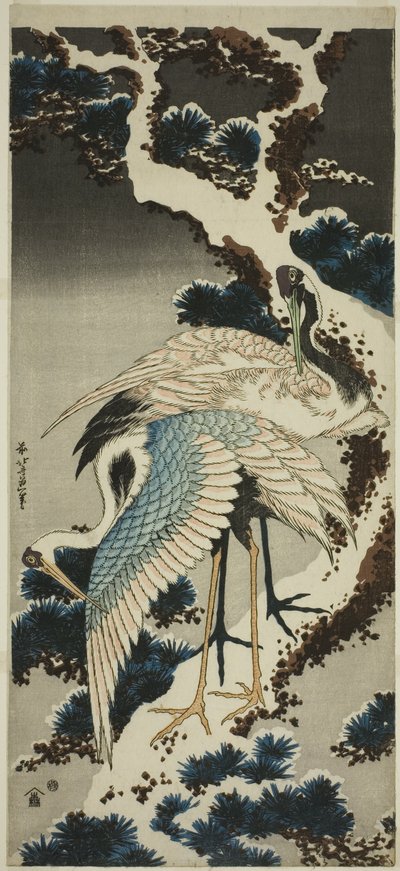 Karla kaplı çam üzerinde vinçler by Katsushika Hokusai