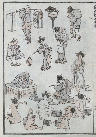 Manga'dan günlük yaşam hareketleri (renkli tahta baskı) by Katsushika Hokusai