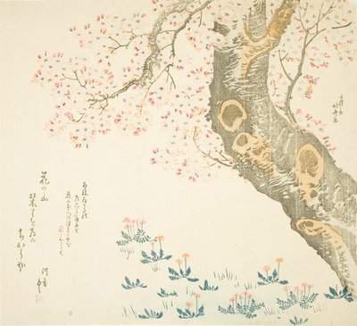 Kiraz ağacının altında karahindiba ve yonca by Katsushika Hokusai