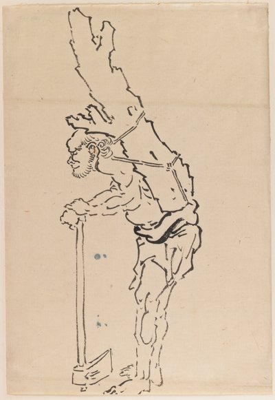 Bir balta üzerinde oturan ve sırtında bir ağaç gövdesinin bir kısmını taşıyan bir adamın çizimi (kağıt üzerine mürekkep) by Katsushika Hokusai