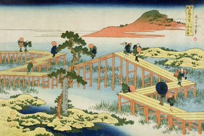 Sekiz parçalı köprü, Mucawa eyaleti, Japonya, 1830 dolayları (tahta blok baskı) by Katsushika Hokusai