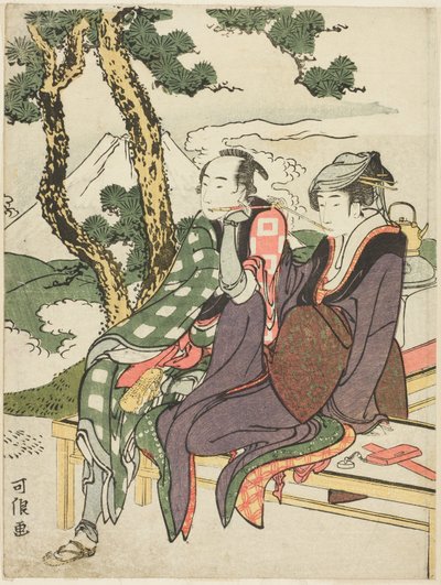 "Trajik Aşıklar (Michiyuki hakkei)" olarak bilinen isimsiz diziden Date no Yosaku ve Seki no Koman için Evening Glow by Katsushika Hokusai