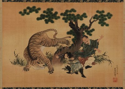 Evlada dindarlık: Yang Hsiang, babasını 18. yüzyılın sonlarında ve 19. yüzyılın başlarında bir kaplandan kurtarıyor. by Katsushika Hokusai