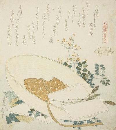 Bir Gezginin Şapkasında Taze Toplanmış Çiçekler, Bin Otlu Kabuk için illüstrasyon by Katsushika Hokusai