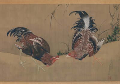 1838 tarihli oyun horozları. by Katsushika Hokusai