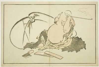 Hotei Piposunu İçiyor, Hokusai#39;nin Gerçekçi Resimlerinin Resimli Kitabı#39;ndan (Hokusai shashin gafu), c.1814 (renkli tahta baskı (albüm sayfası)) by Katsushika Hokusai