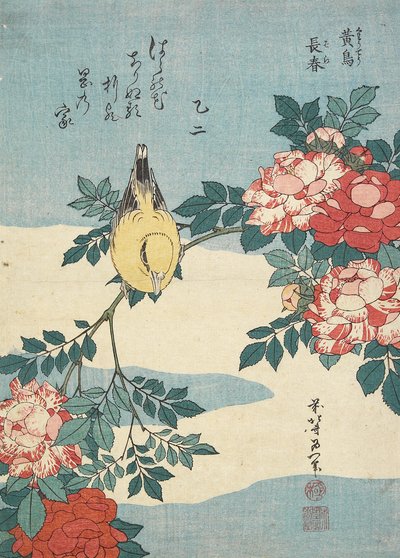 Japon Bülbül ve Gül Spreyi, c. 1832 by Katsushika Hokusai