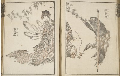 Japon kadın 9 kuyruklu beyaz bir tilki ve bir maymun (tahta baskı) by Katsushika Hokusai