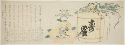 Bir fıçı sake ve portakal sepeti by Katsushika Hokusai