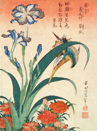 Kingfisher, İris ve Pembeler, pub. Nishimura Eijudo, c.1832, on baskıdan biri, (chuban boyutu, renkli tahta blok) by Katsushika Hokusai