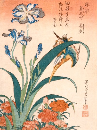 Kingfisher, Süsenler ve Pembeler (renkli tahta baskı) by Katsushika Hokusai