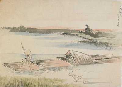 Manzara: 18. yüzyılın sonları ve 19. yüzyılın başlarında salını gözetleyen kayıkçı. by Katsushika Hokusai