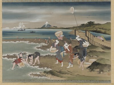 Manzara: kıyıdaki deniz tarağı toplayıcıları (ipek üzerine mürekkep ve renk) by Katsushika Hokusai