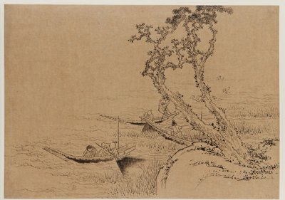 Manzara: 18. yüzyılın sonları ve 19. yüzyılın başlarında teknelerle balık tutan figürler. by Katsushika Hokusai