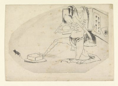 Peştemalli adam, kutu ve fare by Katsushika Hokusai