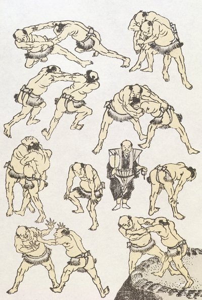Manga: güreşçilerin jest ve duruş çalışmaları, pub. 1849, (renkli tahta baskı) by Katsushika Hokusai