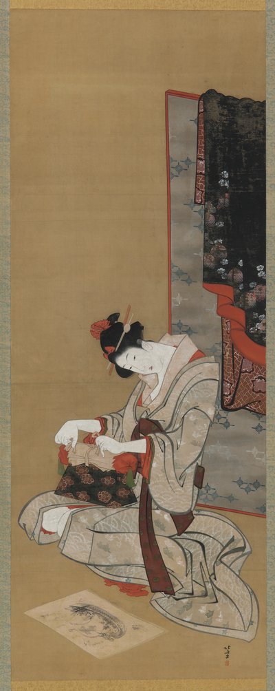 Yeni Yıl Özel: Yeni Yıl Sabahında Makyaj, Edo dönemi, c.1806-11 (ipek üzerine mürekkep ve renk) by Katsushika Hokusai