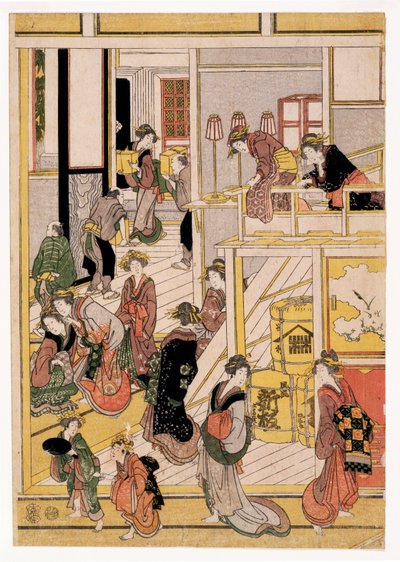 Çayevinin Yeni Yıl Günleri Ogi-ya, c.1810 (tahta baskılar) (ayrıca bkz. 406534, 406535 ve 406536) by Katsushika Hokusai
