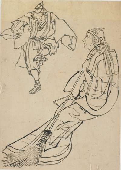 18. yüzyılın sonlarında 19. yüzyılın başlarında yelpazeli bir adamın önünde dans ettiği bankta oturan yaşlı kadın. by Katsushika Hokusai