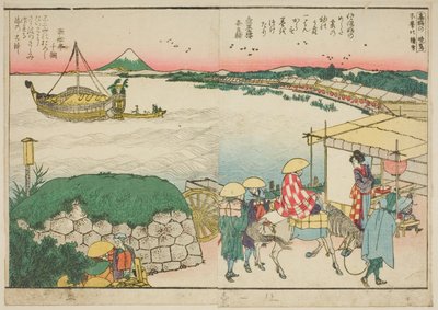 "Sumida Nehri Kıyılarında Panoramik Manzaralar (Ehon Sumidagawa ryogan ichiran)" adlı resimli kitaptan sayfalar by Katsushika Hokusai