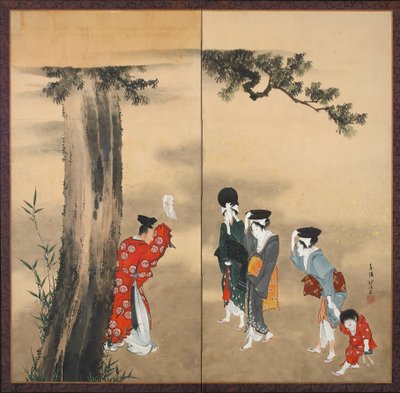 Kağıttan iki katlı ekran: Bir Şinto Rahibi, Üç Kadın ve Çam Ağacının Altında Bir Çocuk, Edo Dönemi, c.1799-1801 (kağıt üzerine mürekkep, altın ve renkli) by Katsushika Hokusai
