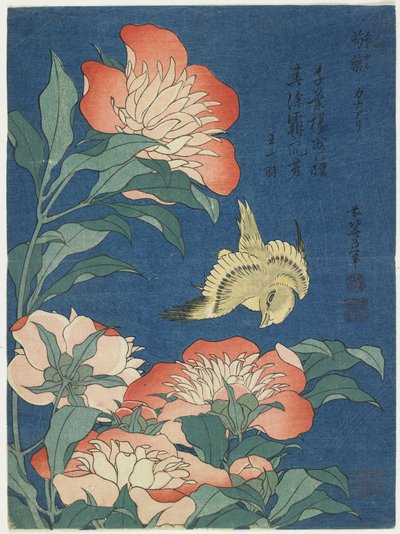 Şakayık ve Kanarya, c. 1833 by Katsushika Hokusai