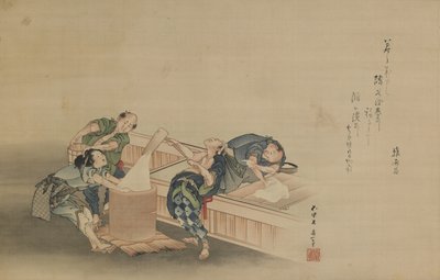 Momomoto Hinamaro tarafından yazılmış Mochi için Pounding Rice, Edo dönemi, c.1822 (asma tomar olarak monte edilmiş ipek üzerine mürekkep ve renk) by Katsushika Hokusai