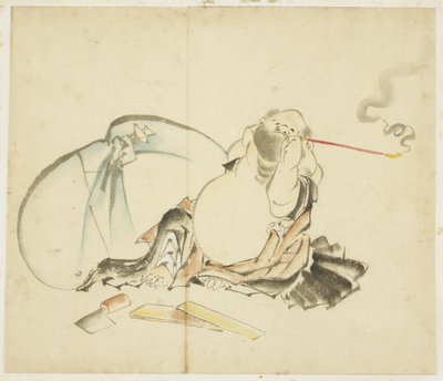 Oturan Hotei Pipo İçiyor, yaklaşık. 1815-1849 (kağıt üzerinde mürekkep ve renk) by Katsushika Hokusai
