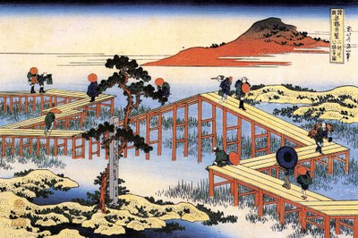 Farklı illerden köprülerin olağanüstü manzaraları: Mikawa eyaletindeki Yatsuhashi köprüsü, Japonya - Katsushika Hokusai (1760-1849) (ukiyo-e okulu) 1835 Devlet İnziva Yeri Sankt Petersburg Rusya by Katsushika Hokusai