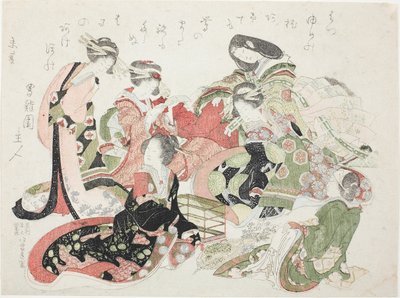 Bir kuş kafesi etrafında oturan altı kadın by Katsushika Hokusai