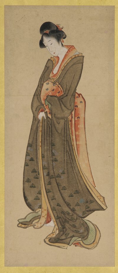 18. yüzyılın sonlarında ve 19. yüzyılın başlarında uzun boylu bir kızın ayakta duran figürü. by Katsushika Hokusai