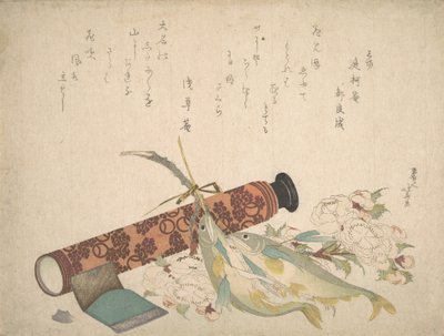 Natürmort: Çifte Kiraz-Çiçeği Dalı, Teleskop, Tatlı Balık ve Doku Kılıfı, c..., ca. 1804-13. by Katsushika Hokusai