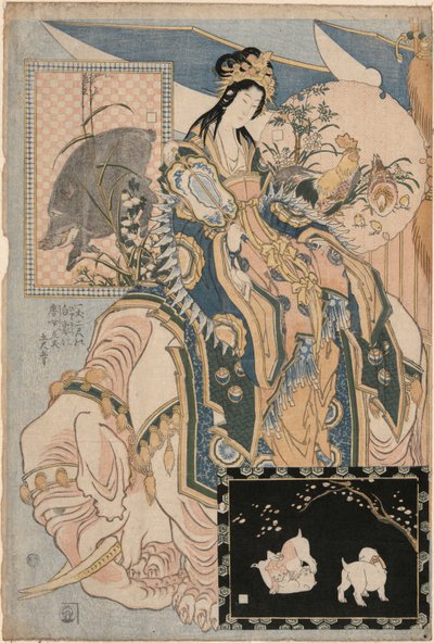Beyaz Fil Üzerinde Tang Lady, Adil Bir Cazibe Alanında Bir Reklam Dev Hasır İşleri by Katsushika Hokusai