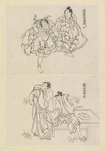 Bir masada iki samuraylı ve iki figürlü iki sahne sahnesi by Katsushika Hokusai