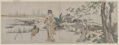 Japon Balığı Tankının Yanında İki Kadın ve Bir Çocuk by Katsushika Hokusai