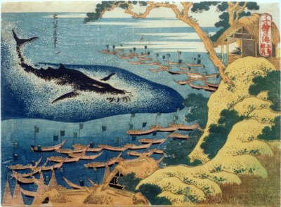 Gotô Adaları açıklarında balina avcılığı by Katsushika Hokusai