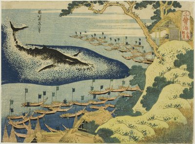 "Okyanusun Bin Resmi (Chie no umi)" serisinden Goto Adaları Sahili (Goto kujira tsuki) açıklarında balina avcılığı by Katsushika Hokusai