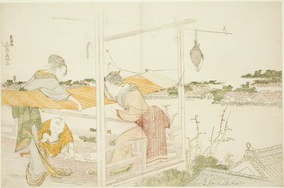 Bir Veranda Üzerindeki Kadınları Kurutmak İçin Esneme Kumaşı by Katsushika Hokusai
