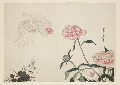 Çiçeklerin Arasında Uzun Kuyruklu Horozlar (renkli tahta baskı) by Katsushika II (fl.1820 50) Taito