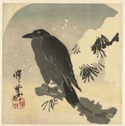 Karlı çam dalı üzerinde karga by Kawanabe Kyosai