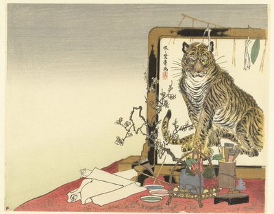 Boyama aletleri ve katlanır ekran ile natürmort by Kawanabe Kyosai