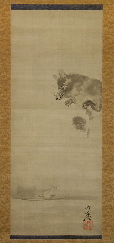 Tanuki Rakun Köpeği Sudaki Yansımasını İzlerken, 19. Yüzyılın Sonları. by Kawanabe Kyosai